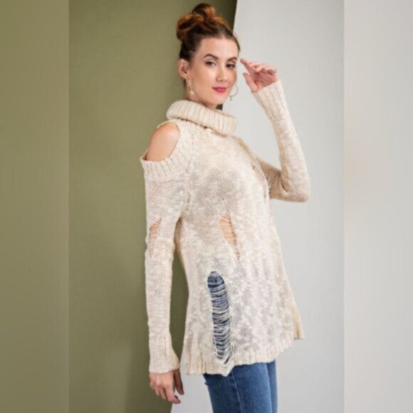 Easel | Bethany Distressed Destructed Cold Shoulder Sweater Tunic Cream Medium - Picture 6 of 14